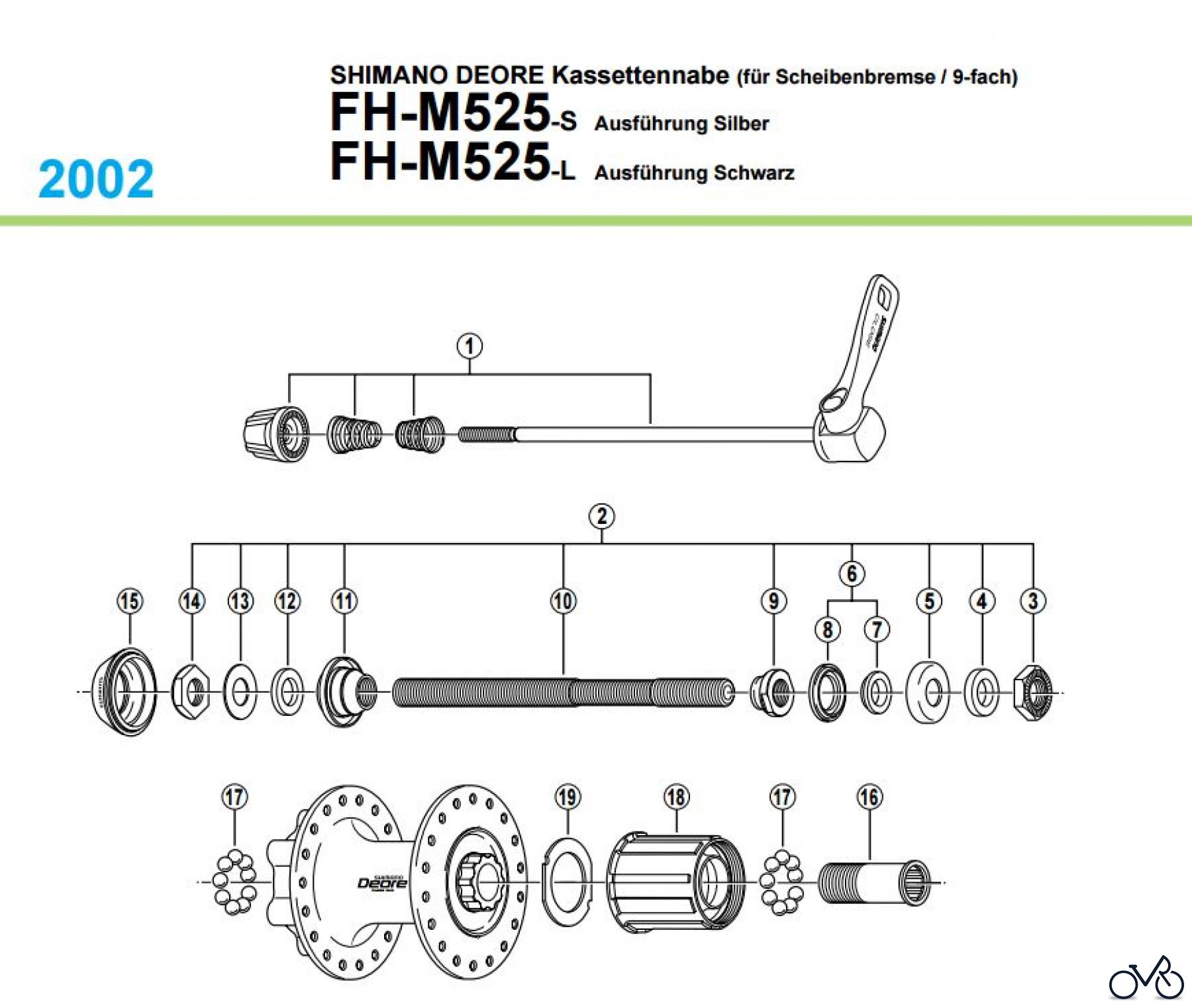 Shimano FH Free Hub - Freilaufnabe FH-M525 -2067 SHIMANO DEORE Kassettennabe (für Scheibenbremse / 9-fach)
