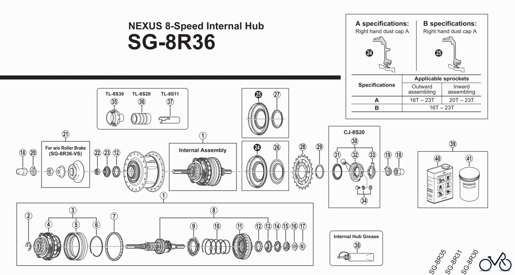 Shimano SG Getriebenabe /Nabenschaltung SG-8R36 NEXUS 8-Speed Internal Hub
