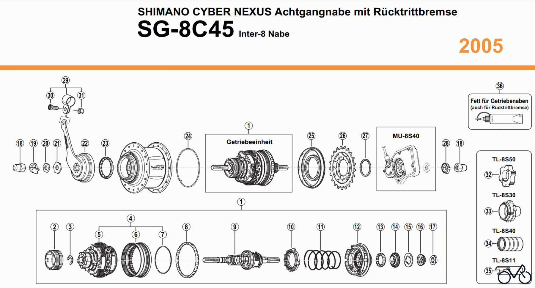 Shimano SG Getriebenabe /Nabenschaltung SG-8C45 SHIMANO CYBER NEXUS Achtgangnabe mit Rücktrittbremse 2005
