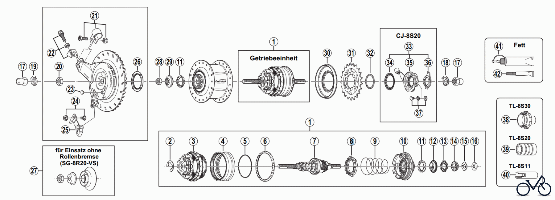 Shimano SG Getriebenabe /Nabenschaltung SG-8R20 SHIMANO NEXUS Achtgangnabe mit Hochleistungs-Rollenbremse 2004