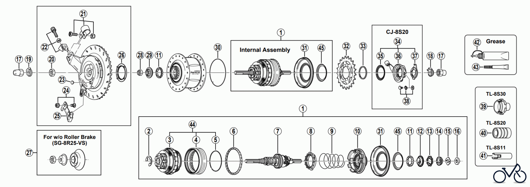 Shimano SG Getriebenabe /Nabenschaltung SG-8R25 NEXUS 8-SPEED HUB w/Hi-Power Roller Brake