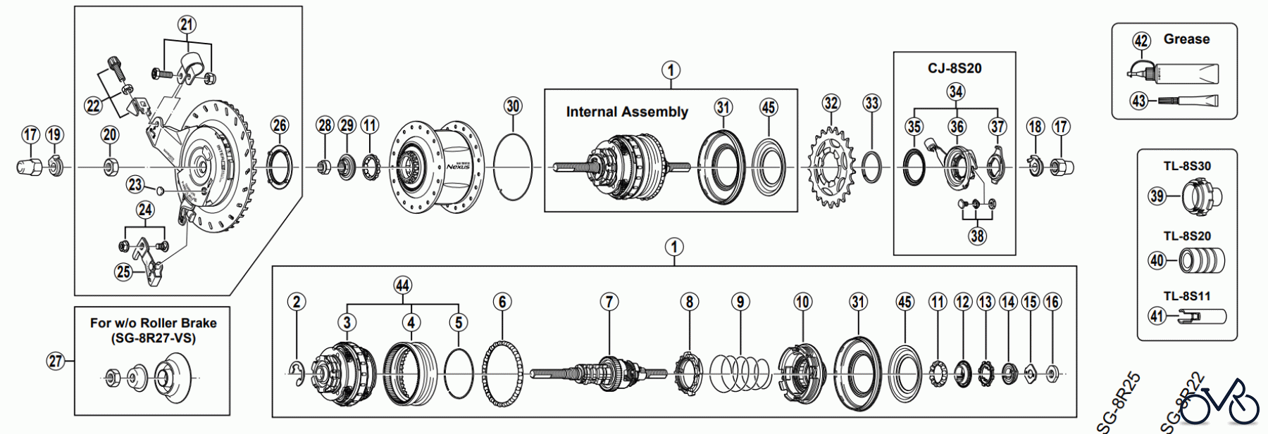 Shimano SG Getriebenabe /Nabenschaltung SG-8R27 NEXUS 8-SPEED HUB w/Hi-Power Roller Brake Inter-8 Hub
