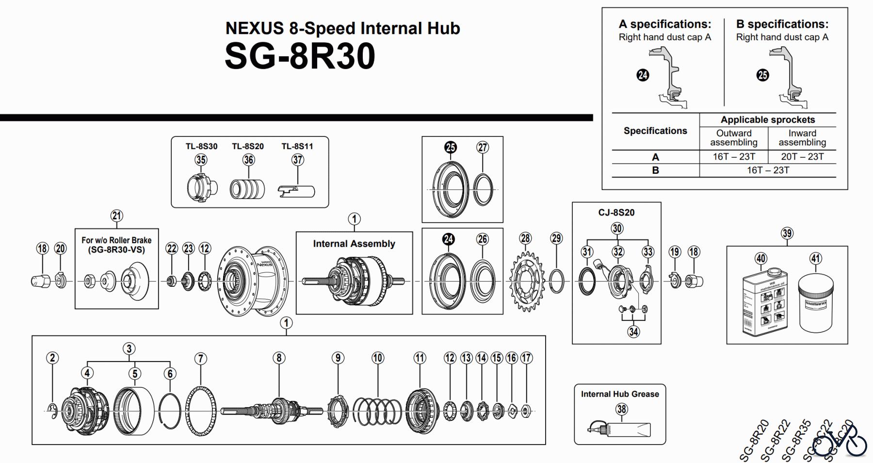 Shimano SG Getriebenabe /Nabenschaltung SG-8R30 NEXUS 8-Speed Internal Hub
